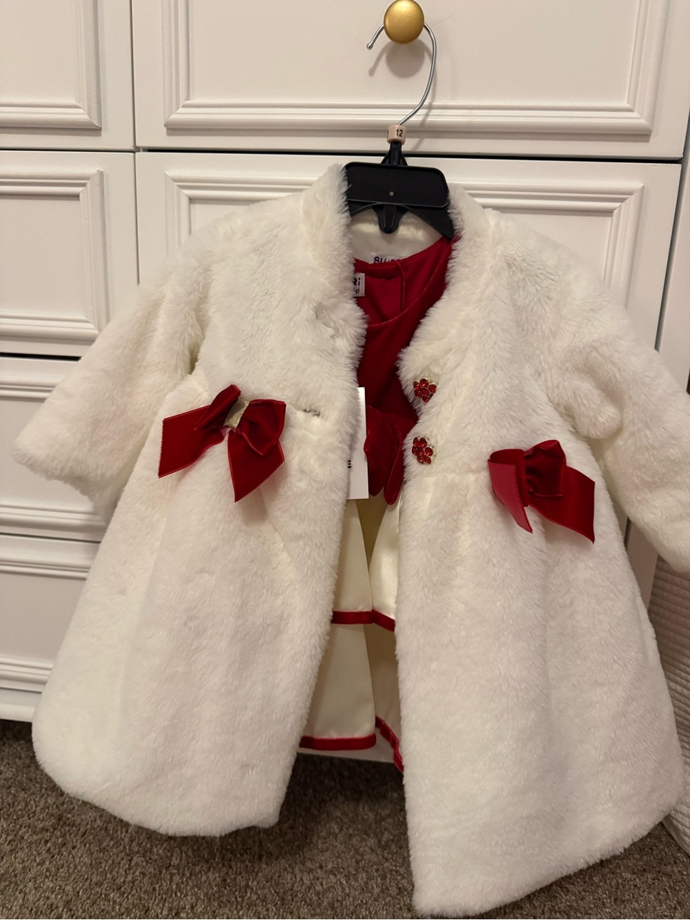 White Faux Fur Coat with Red Ribbon Accents